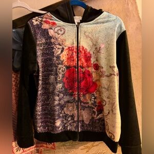 Coldwater Creek Velvet & Floral Design Zip Front Hoodie SZ Medium